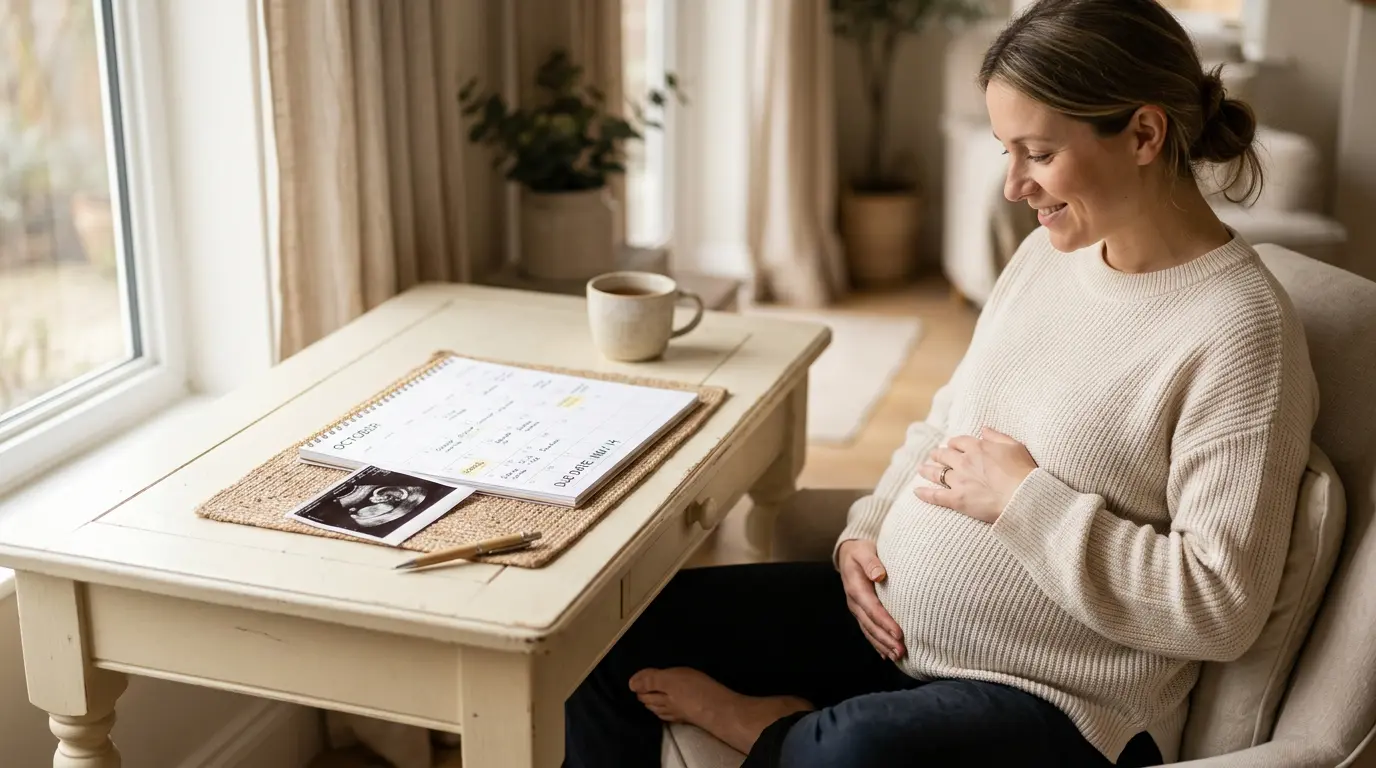 Calendar marking pregnancy due date and trimesters