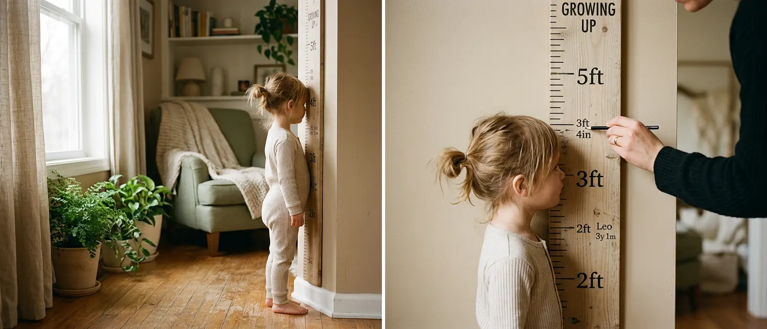 Child being measured against a height chart